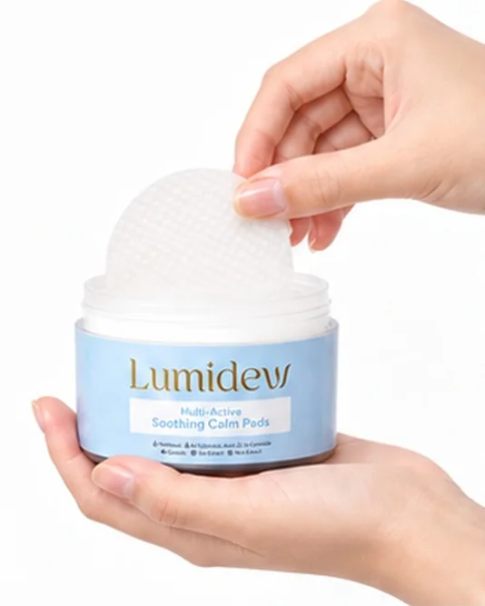 Tangan mengambil satu toner pad dari jar Lumidew Soothing yang terbuka