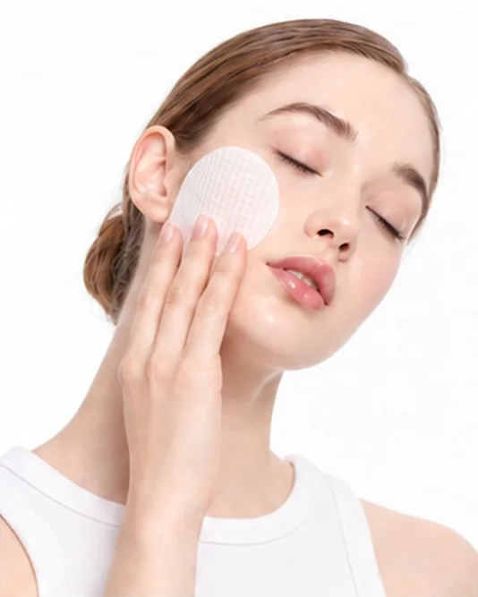 Perempuan mengusapkan toner pad dengan lembut di pipi