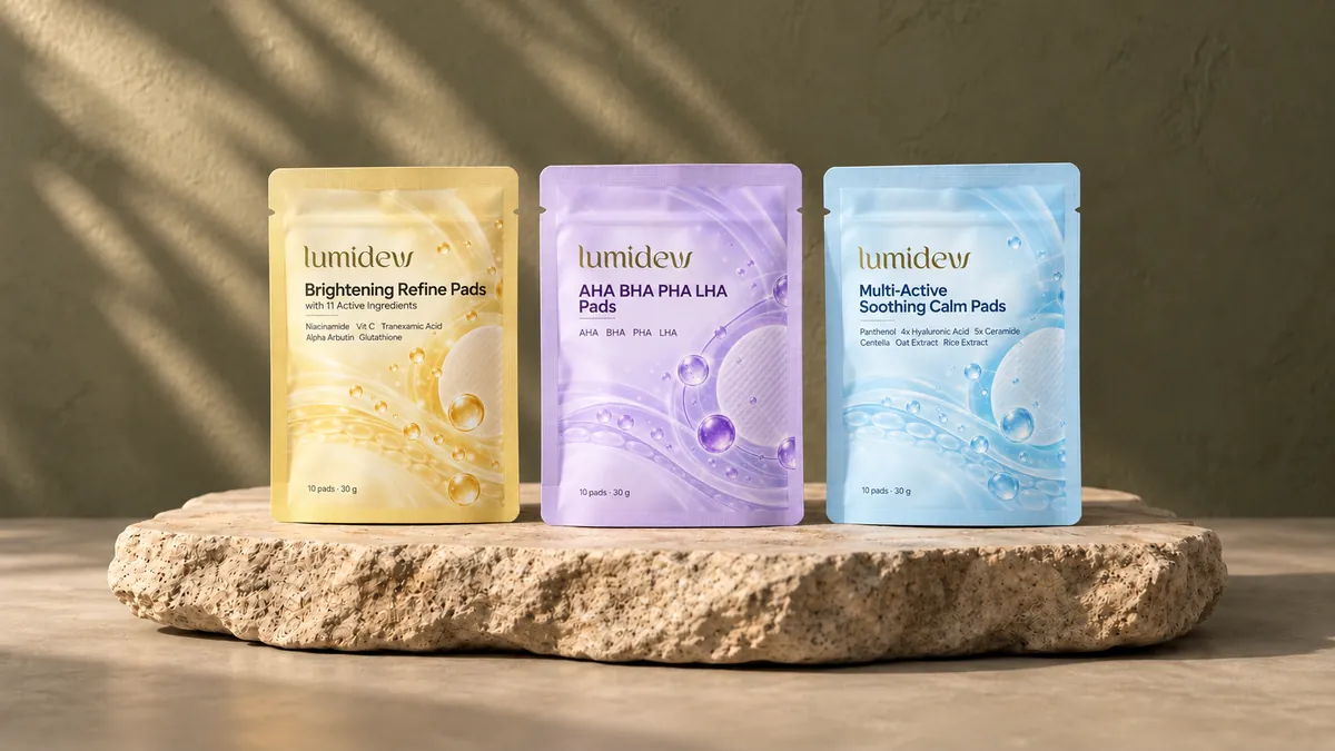 Tiga sachet Lumidew Travel Size, kuning, ungu, dan biru, di atas batu